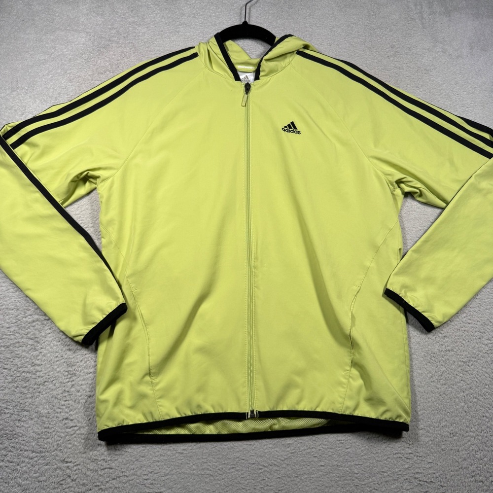Vintage Y2K Adidas Windbreaker Jacket Womens M Lime Green 3-Stripe Hooded Zip